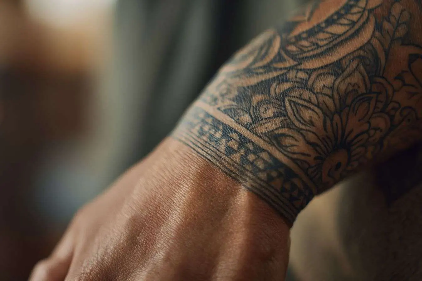 Tatouage poignet avec motifs floraux et géométriques