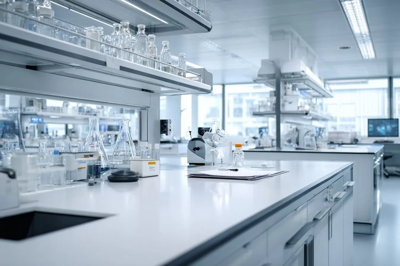 Photo d'un laboratoire moderne avec équipements sophistiqués et surfaces blanches reflétant un environnement serein