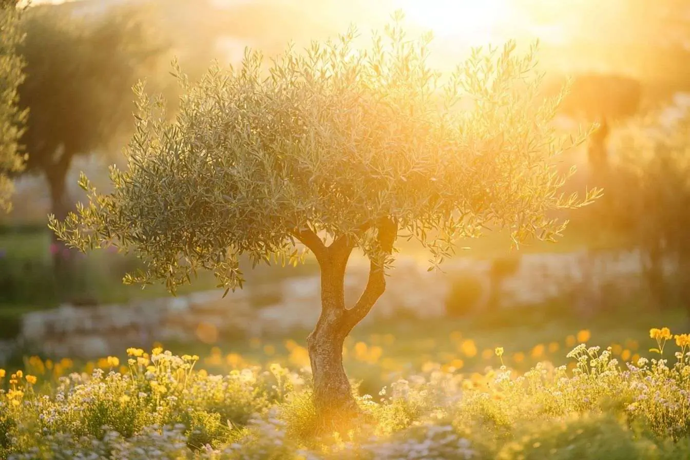 Arbre d'olivier jeune sous la lumière dorée entouré de fleurs dans un jardin tranquille