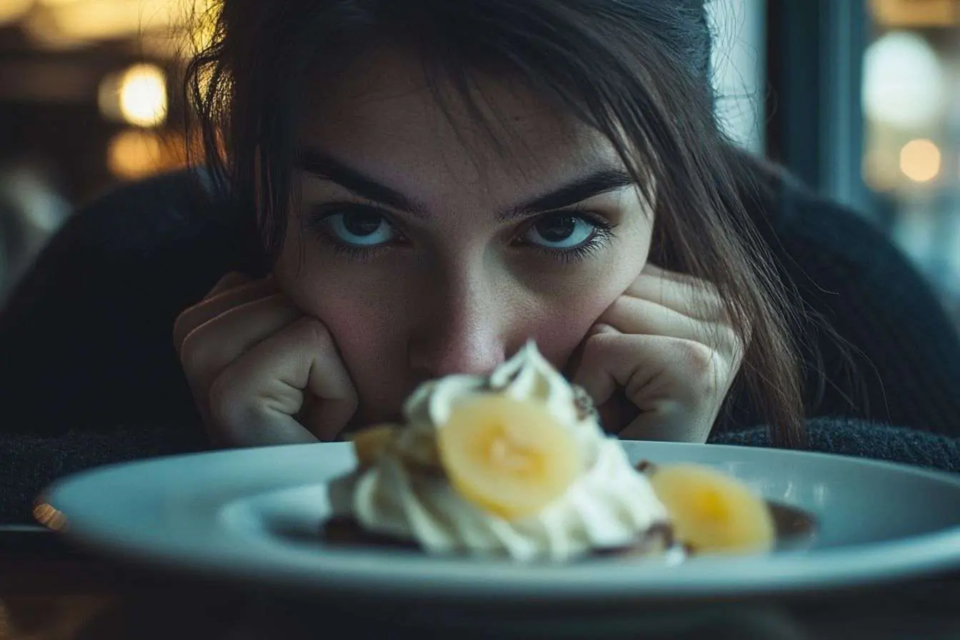 Une personne regarde fixement un dessert, profondément dans ses pensées, réfléchissant aux relations émotionnelles avec la nourriture.