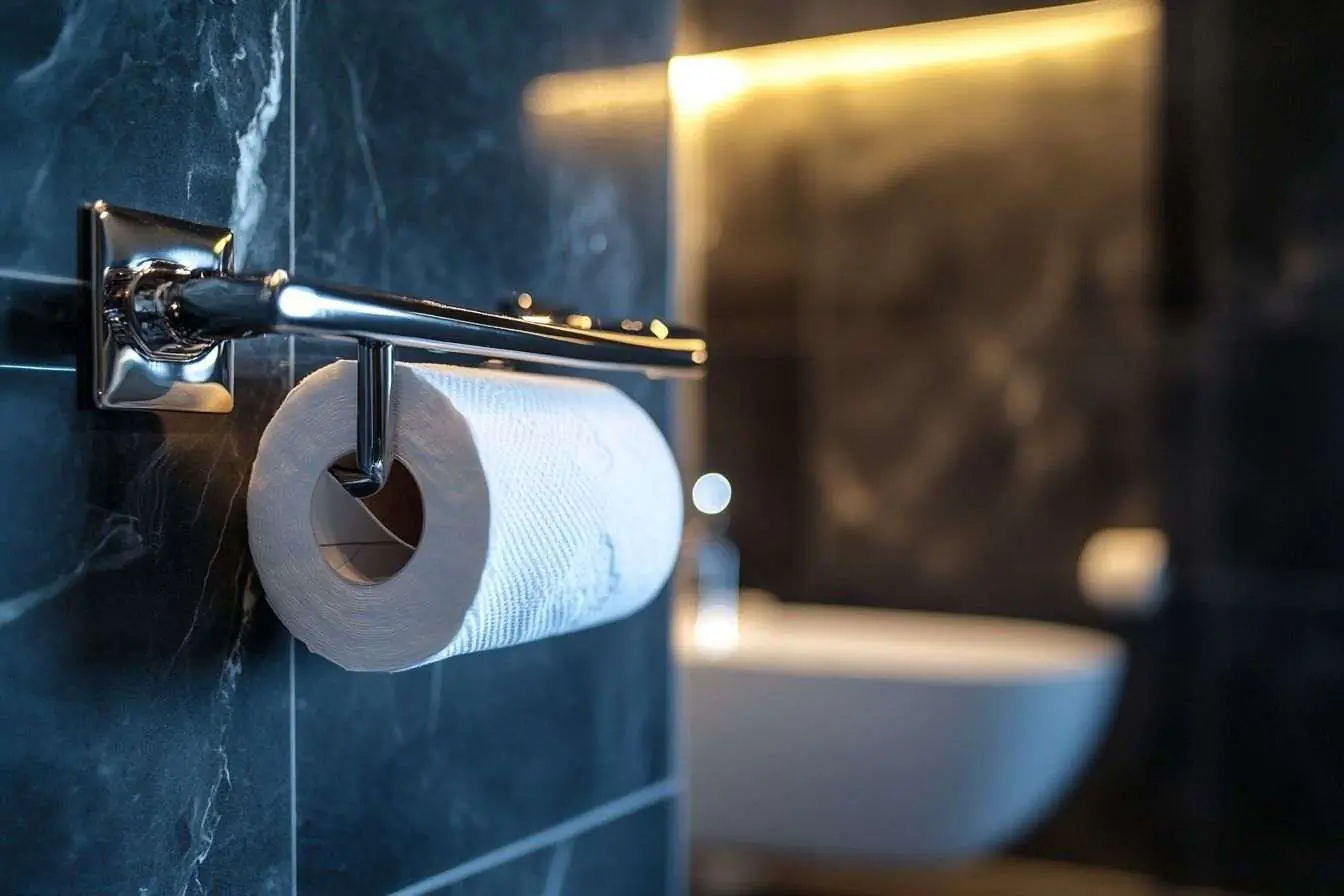 Un porte-papier toilette chic et orné qui s'intègre parfaitement dans une salle de bain individuelle au design contemporain.