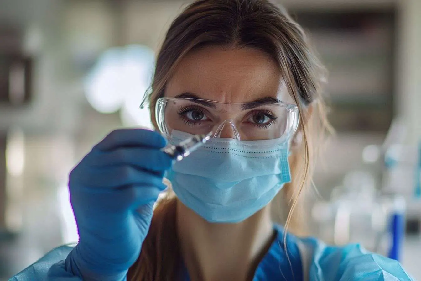 Un professionnel de la santé préparant une seringue avec une expression concentrée dans un cadre médical.