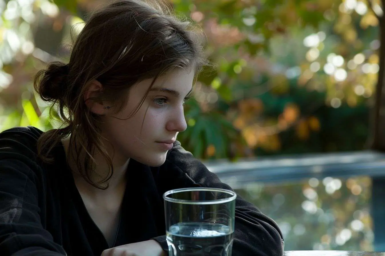 Verre d eau et jeune adulte en extérieur