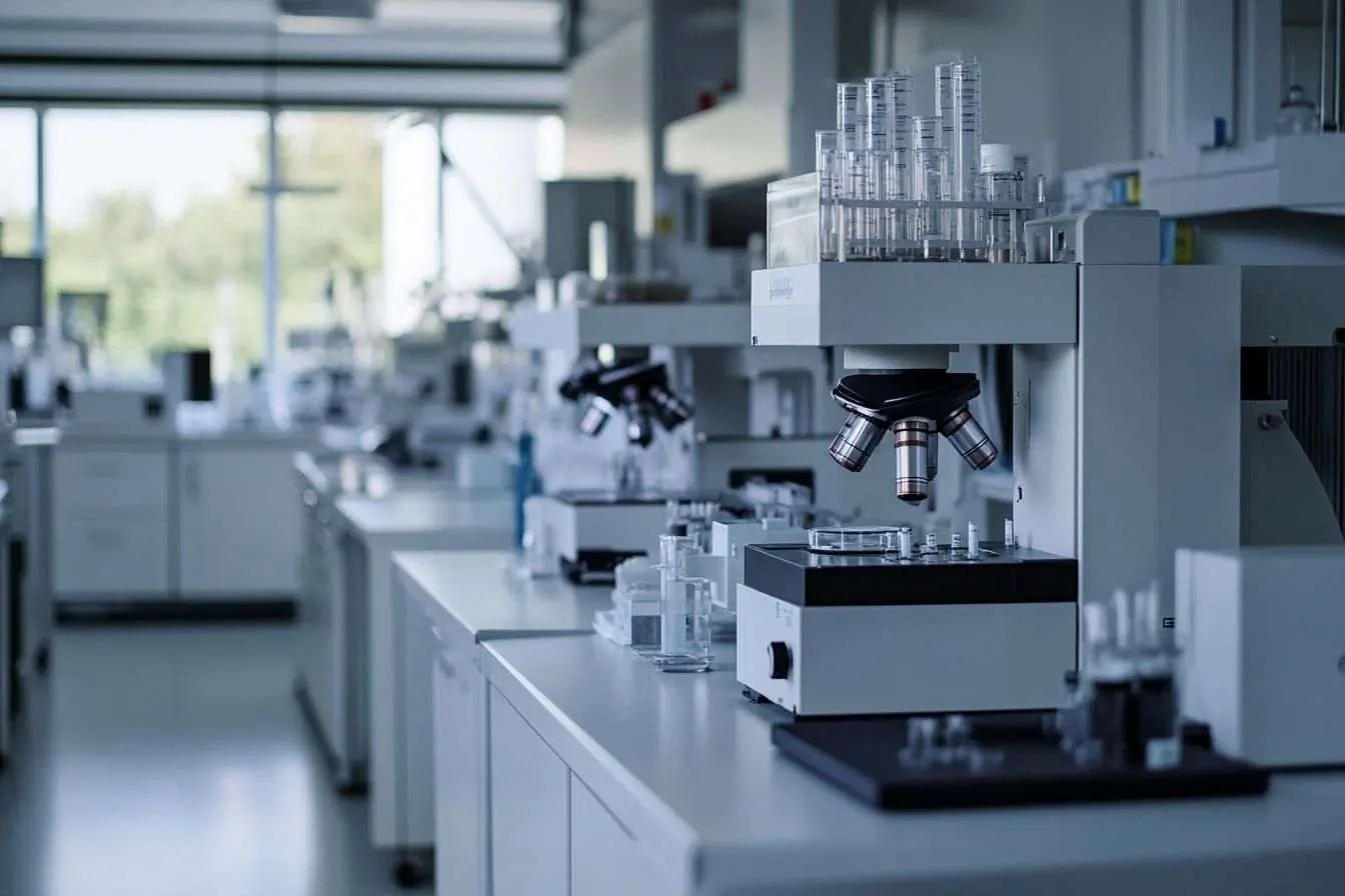 Vue sur un laboratoire moderne avec équipements pour analyses scientifiques.
