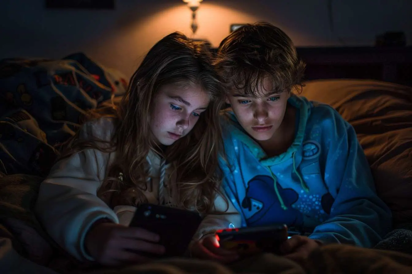 Des enfants ou adolescents sont sur les écrans tard le soir.