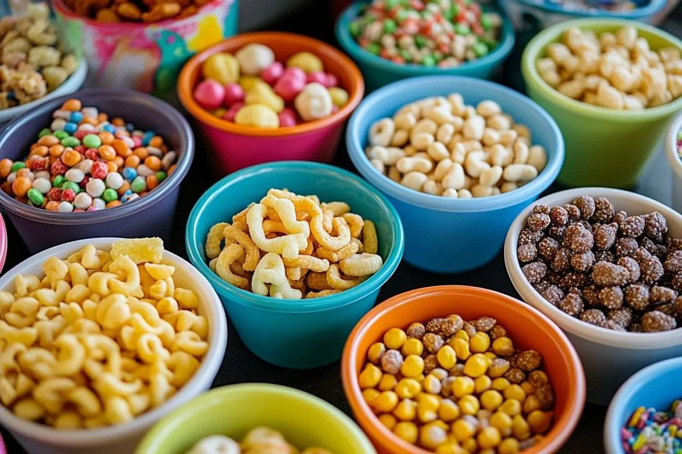 Image de bols de malbouffe colorée contrastant avec des choix alimentaires plus sains.
