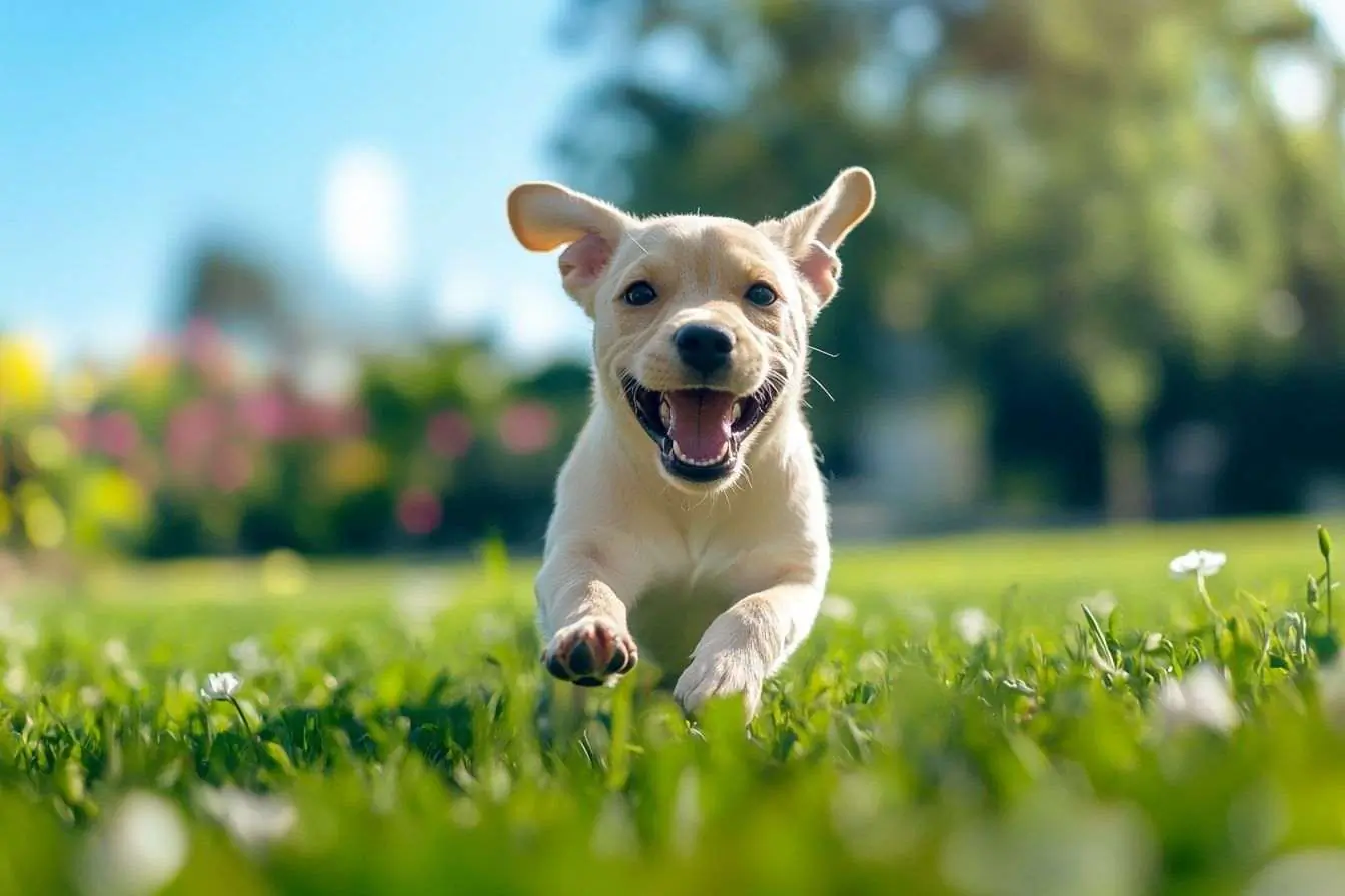 Un chien heureux court librement sur une pelouse verdoyante sous un ciel azur éclatant.