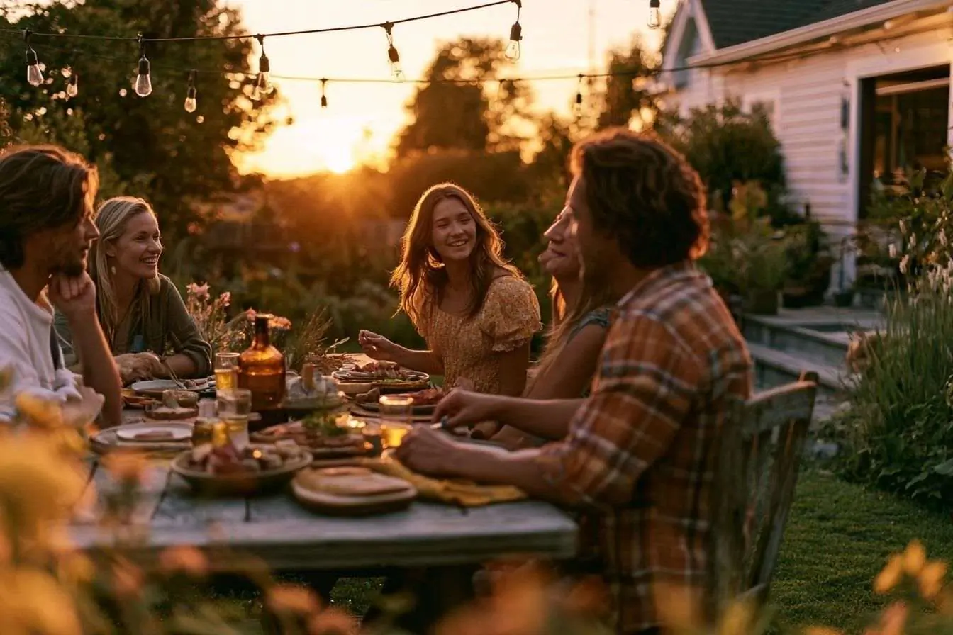 Des amis dégustant un repas ensemble à la lumière d’un coucher de soleil dans une ambiance de jardin