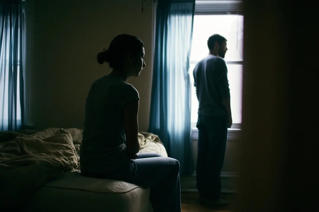 Un couple tendu dans une chambre sombre