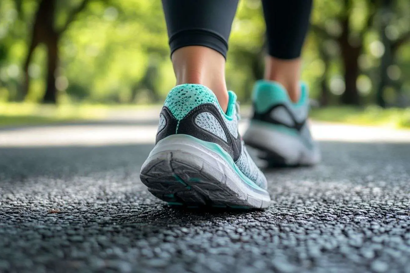 Gros plan sur des chaussures de sport athlétiques frappant le trottoir lors d'une promenade rapide dans un parc ensoleillé.