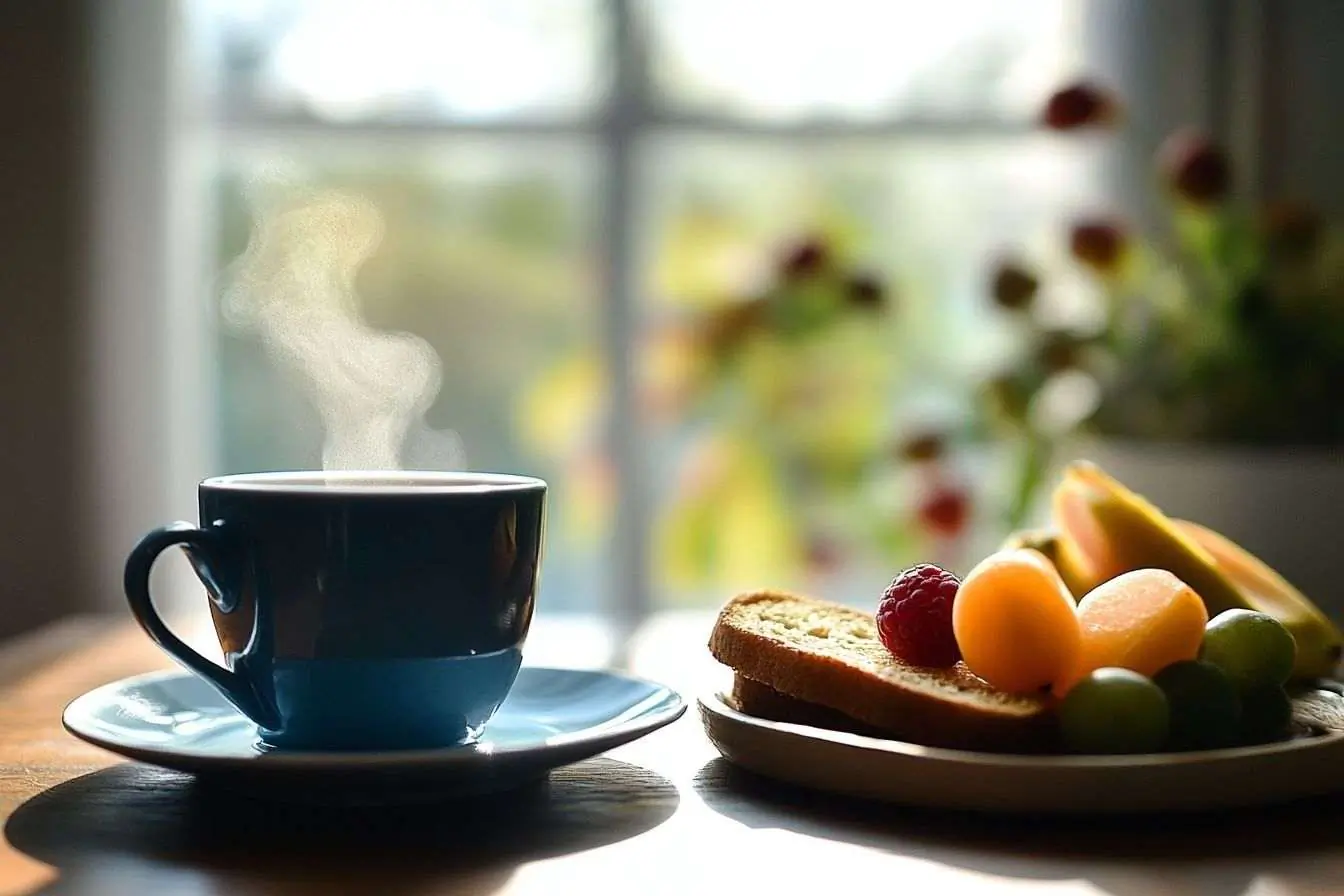 Tasse de café fumante à côté d'une assiette de pain grillé et de fruits