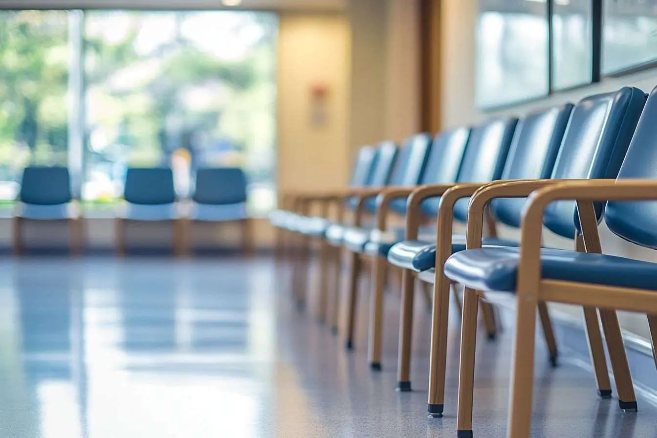 Image d'une salle d'attente vide dans un hôpital, montrant l'impact de la grève sur les soins aux patients.