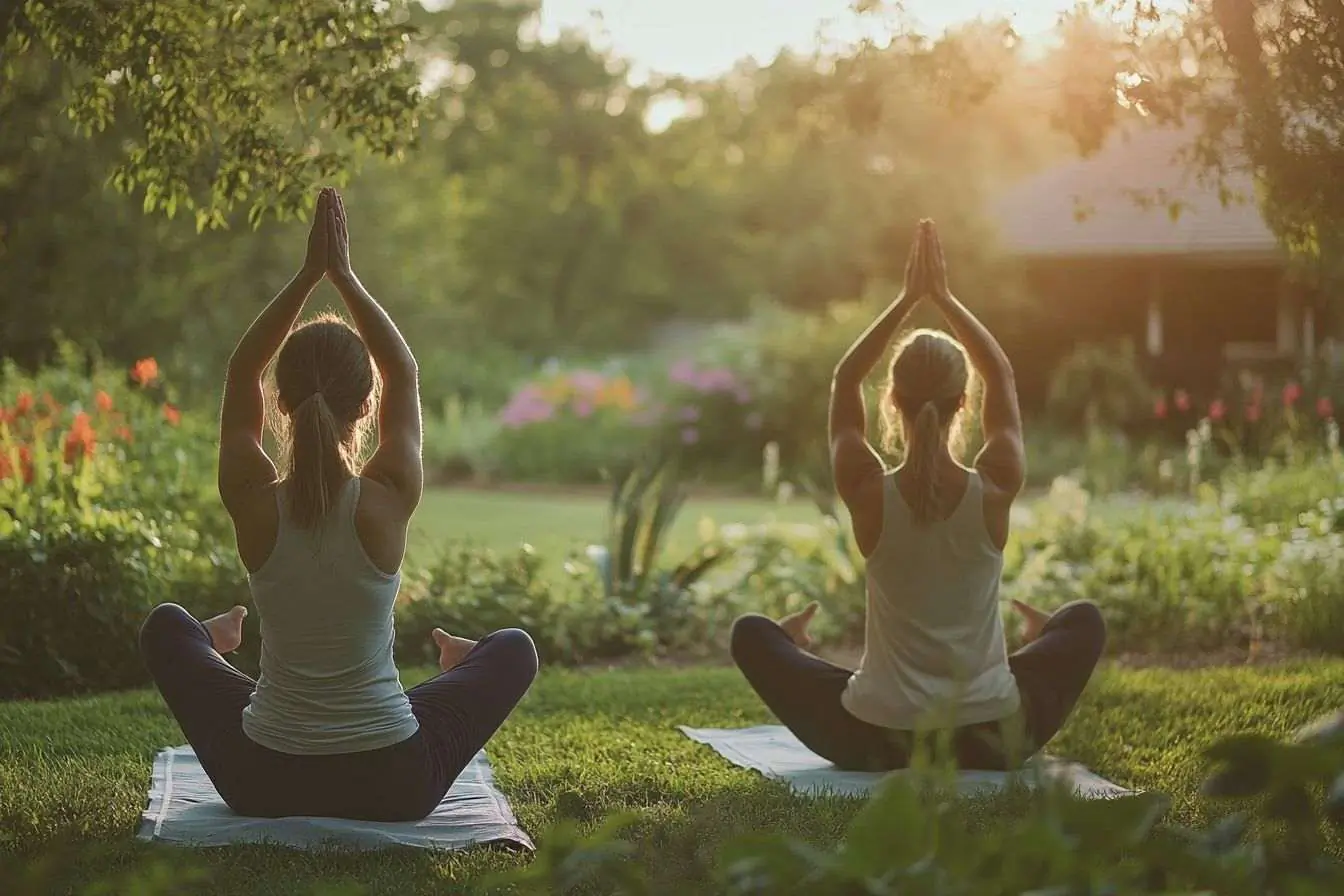 Femmes pratiquant le yoga dans un jardin paisible, symbolisant le bien-être et la longévité
