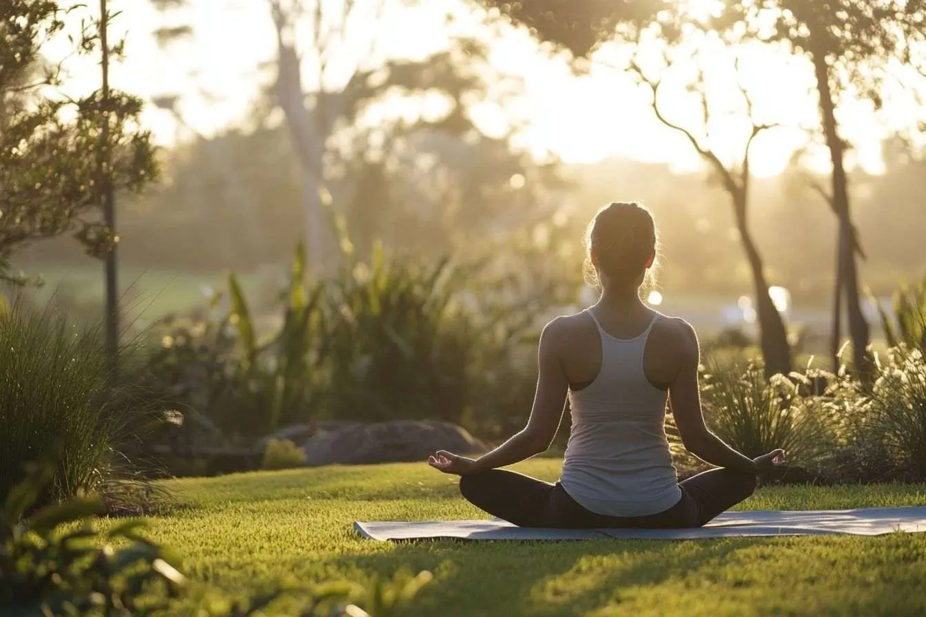 Une séance de yoga sereine en plein air au lever du soleil, avec des étirements doux et un environnement paisible.