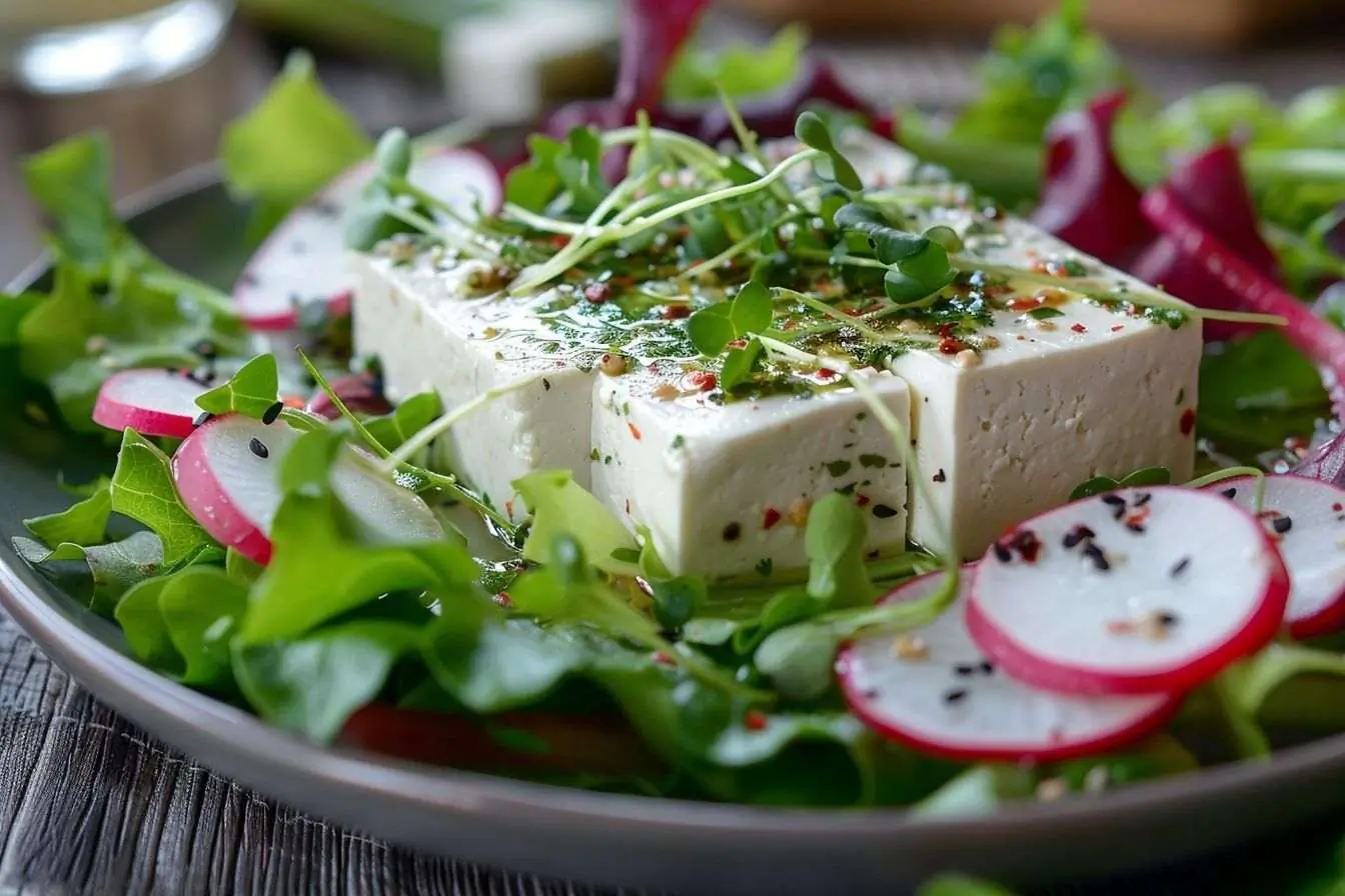 Tofu soyeux sur lit de légumes et radis