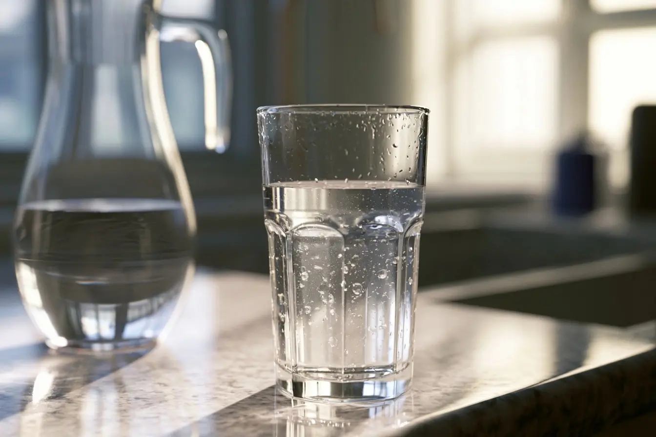 Verre d’eau sur un plan de cuisine