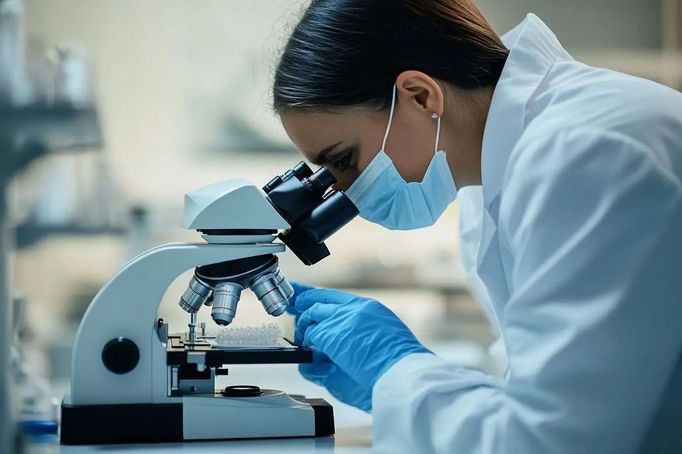 Vue rapprochée d'un technicien analysant méticuleusement des échantillons sous un microscope dans un environnement clinique.