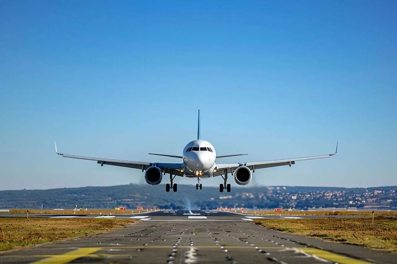 Approche d un avion avec train d atterrissage sorti sous un ciel bleu