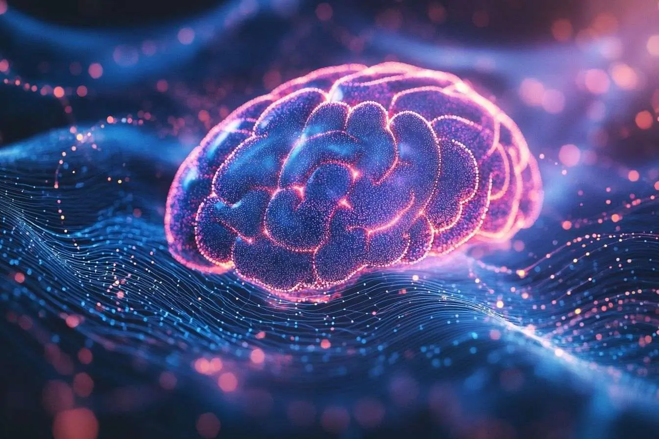 Illustration futuriste d'un cerveau numérique avec des ondes vibrantes pour le traitement du langage parlé