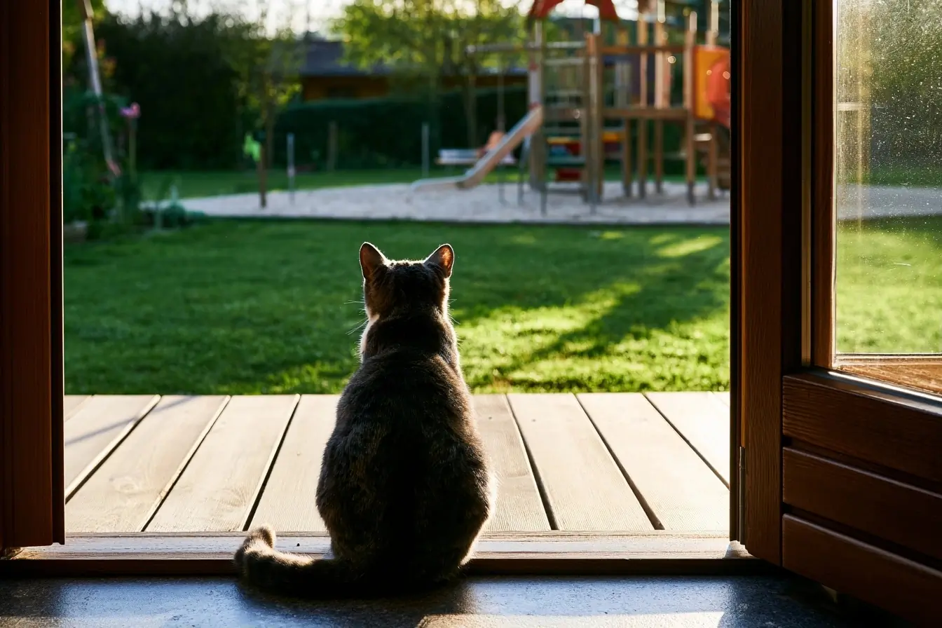 Chat au seuil face au jardin et aux jeux
