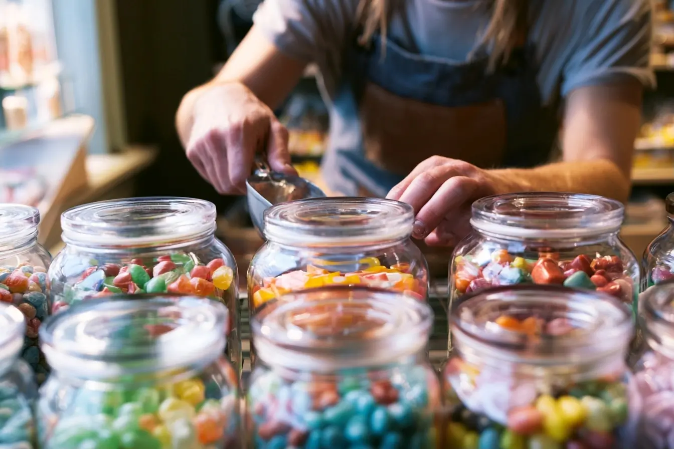 Confiseur servant des bonbons en boutique