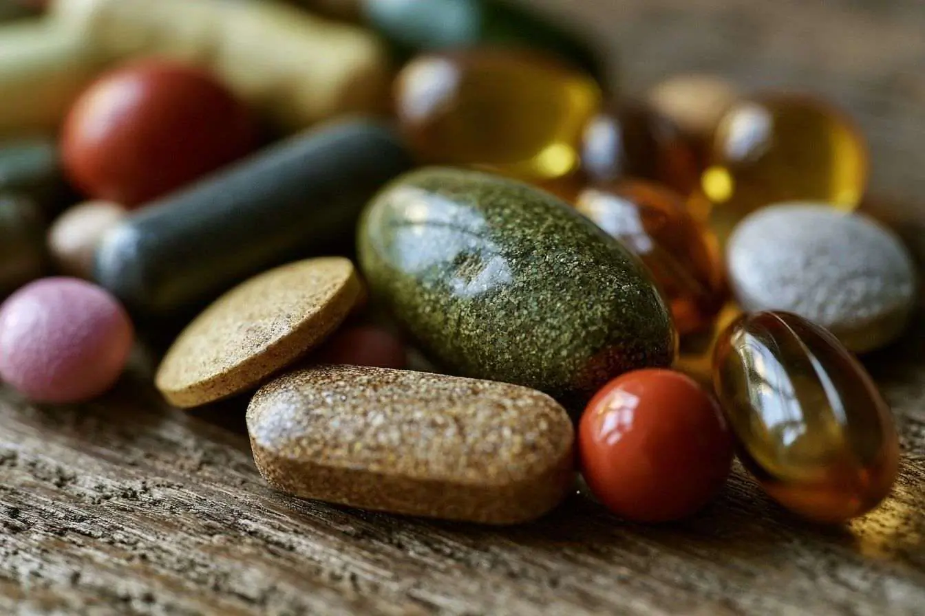 Sélection de compléments alimentaires incluant vitamines et minéraux sur une surface en bois