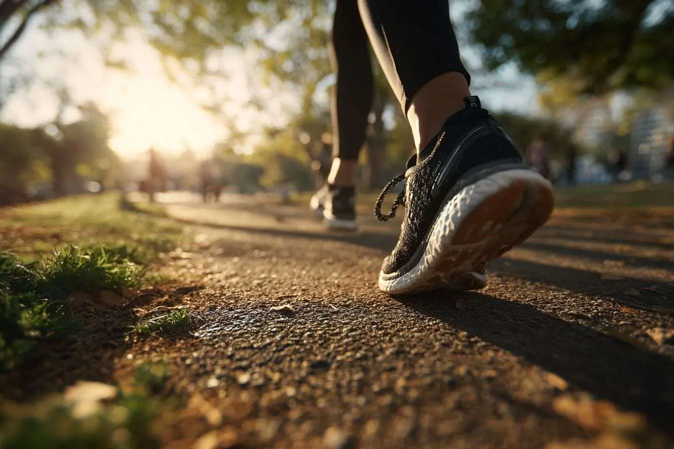 Chaussures de course sur un chemin bien entretenu dans un parc urbain vibrant.