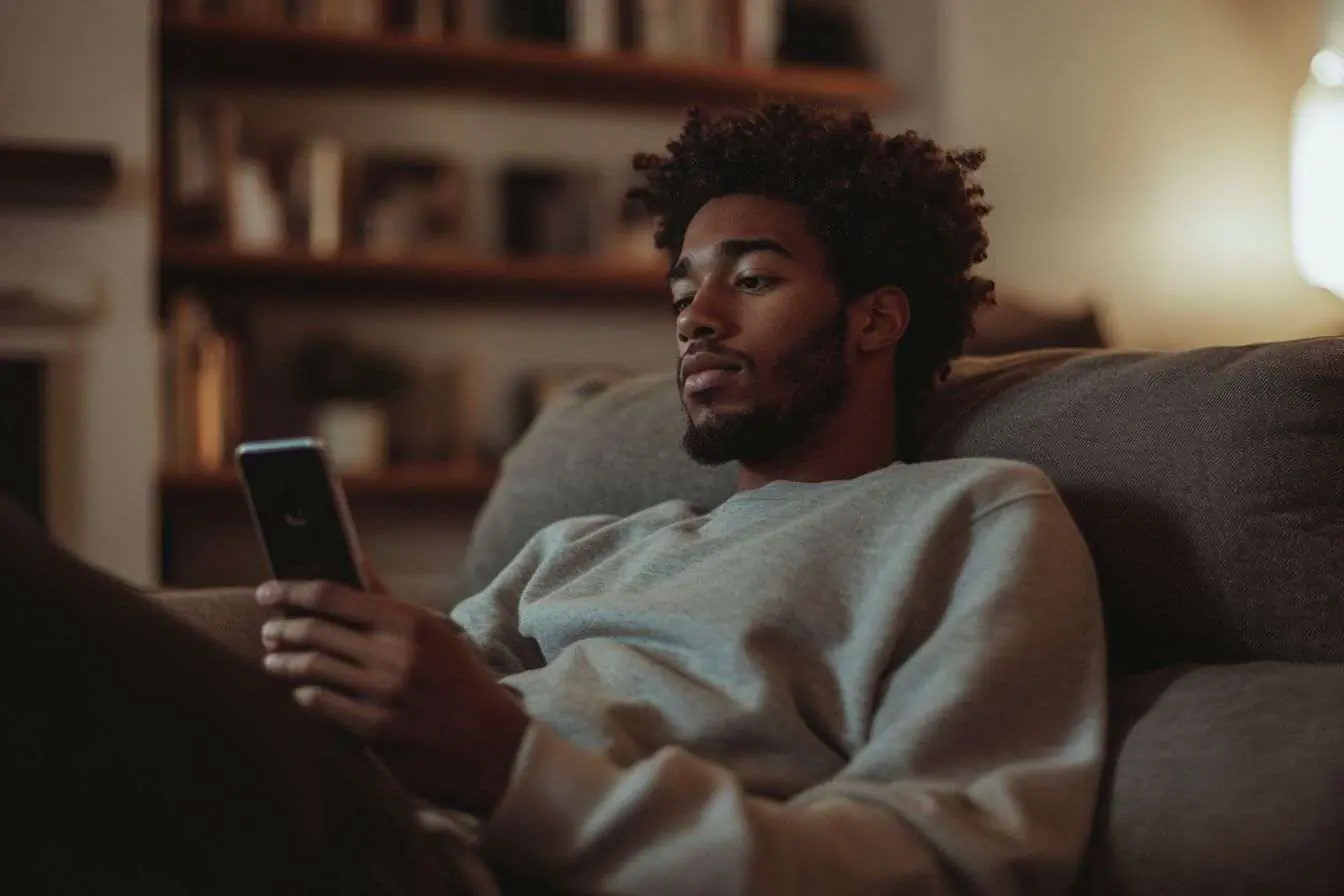 Un homme détendu sur un canapé, tenant son téléphone mobile d'un air indifférent, éclairé par une lumière douce.