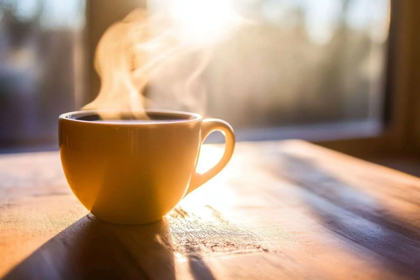 Une ambiance chaleureuse avec un café fumant et des rayons de soleil traversant la fenêtre