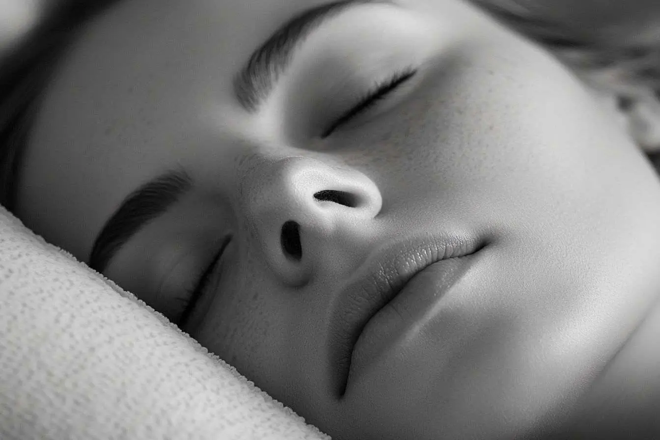 Gros plan d'un visage serein reposant sur un oreiller, incarnant la tranquillité et la relaxation profonde pendant le sommeil.