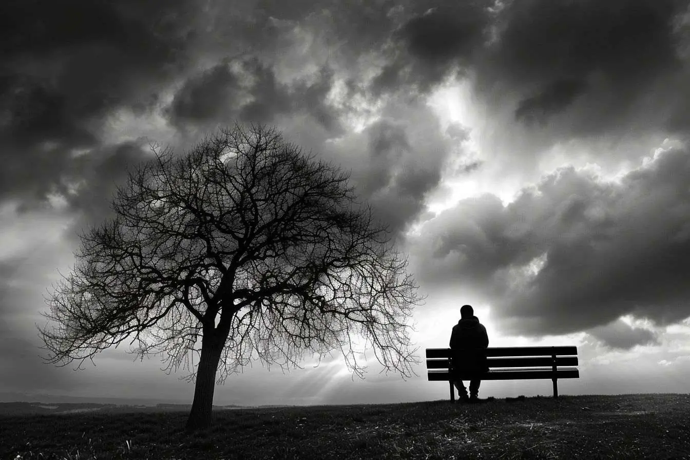 Figure contemplative sur un banc devant ciel nuageux