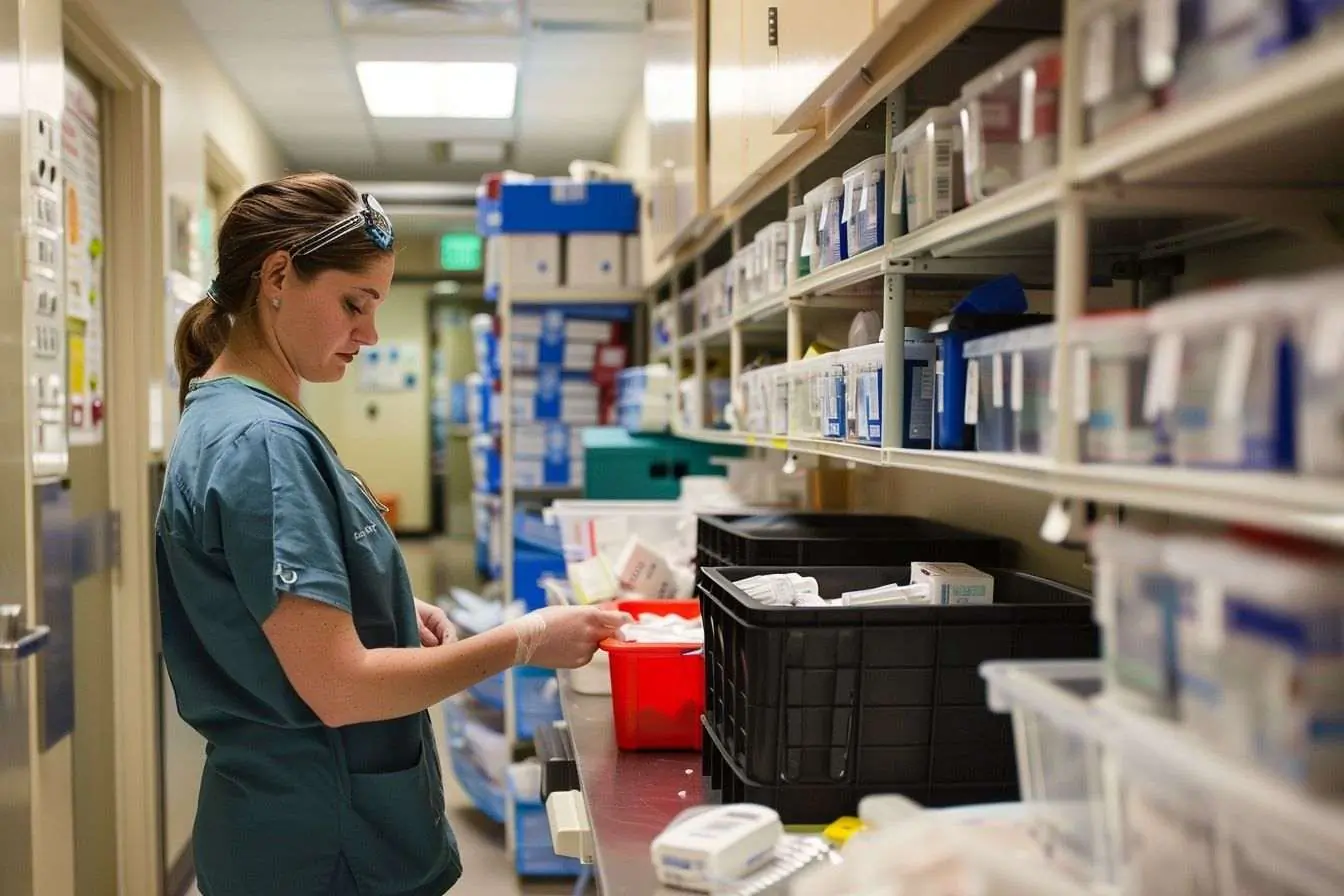 Infirmière organisant des fournitures médicales