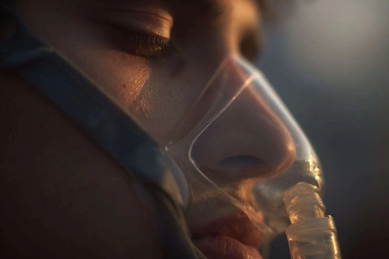 Image d'une personne en gros plan avec un appareil respiratoire dans un cadre apaisant.