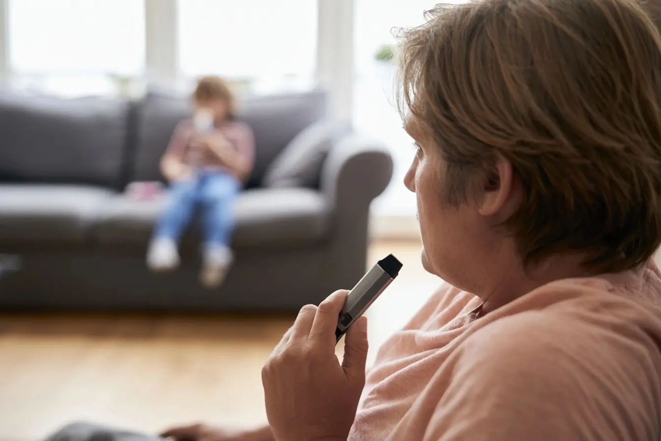 Enfant avec inhalateur près d’un vapoteur